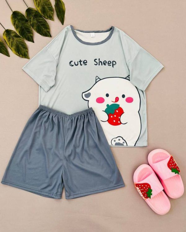 ست دو تیکه راحتی بلوز و شرتک طرح cute sheep